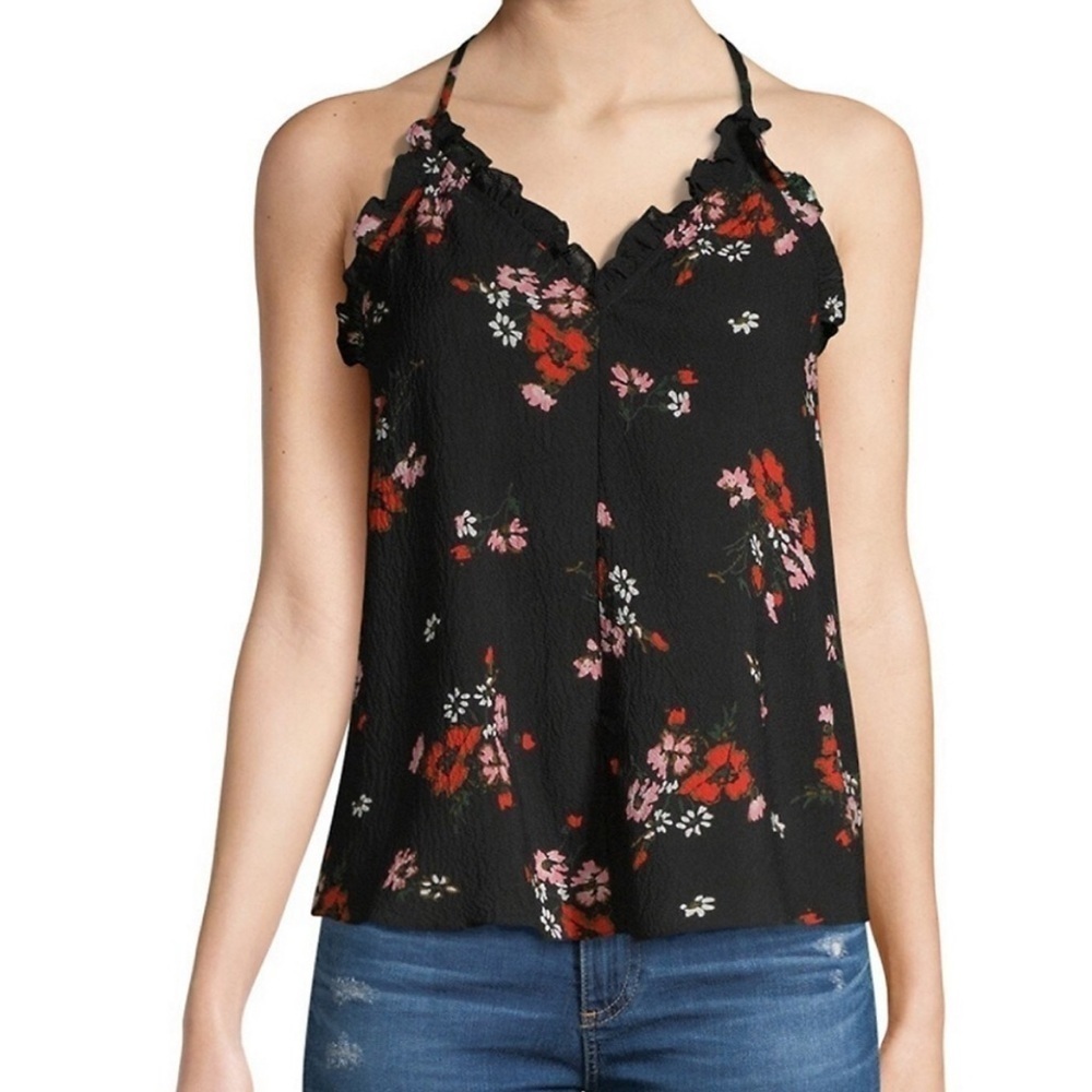 Rebecca Taylor Black Floral Marguerite Ruffle Cami Tank Top Silk Size 2 Romantic